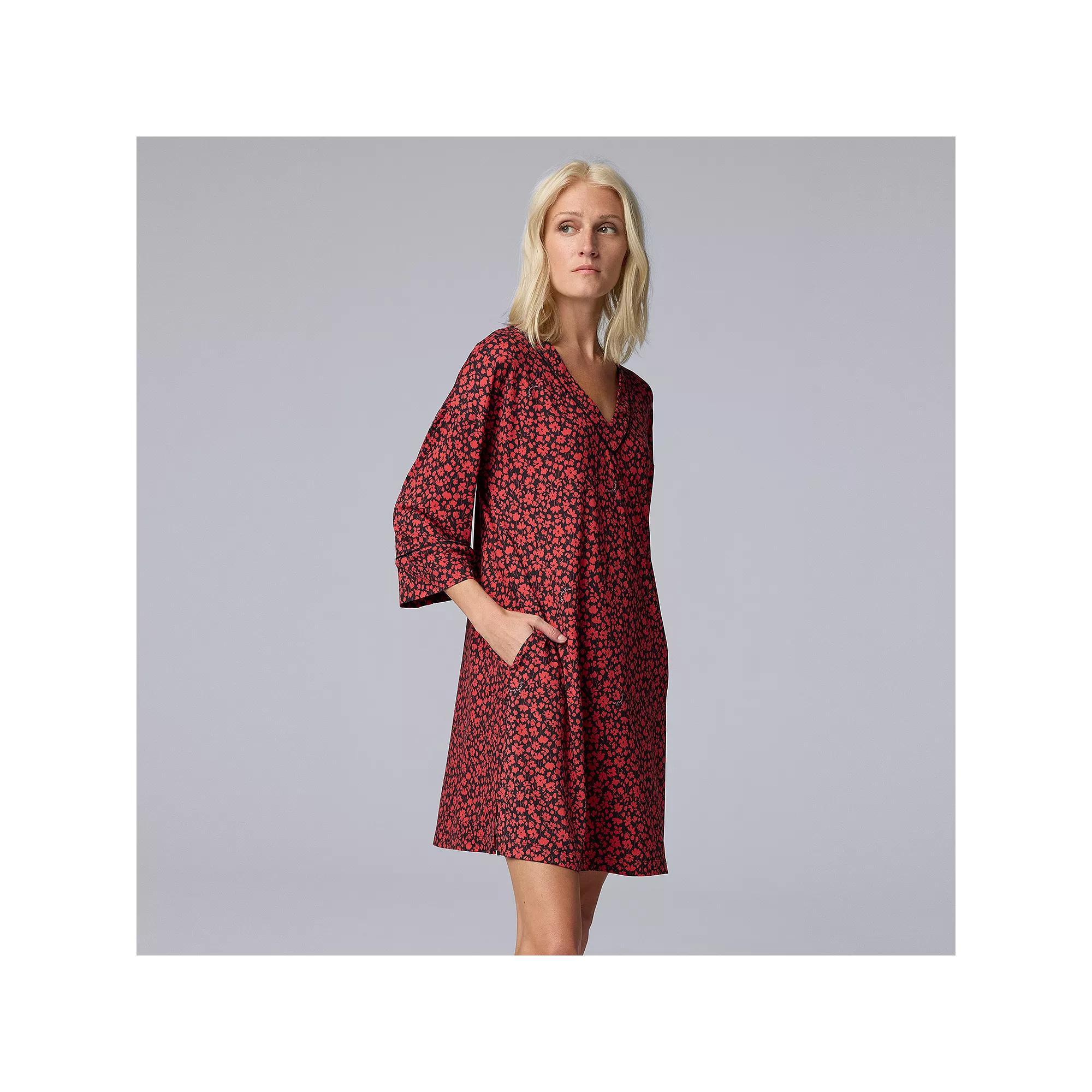 Women's Simply Vera Vera Wang 3/4-Sleeve Cozy Jersey Pajama Sleepshirt, Size: XS, Red Ditsy Product Image