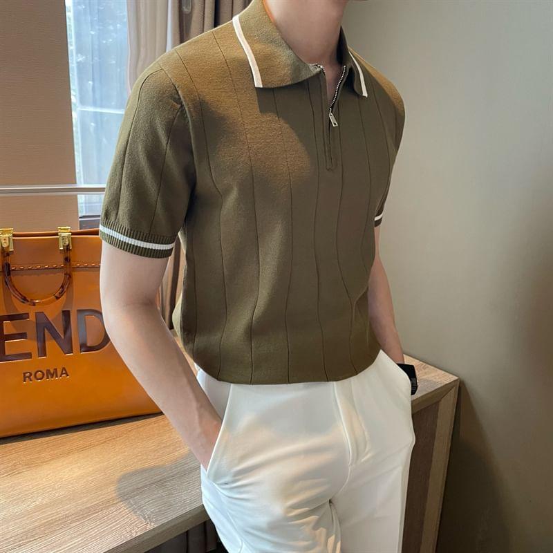 Short-Sleeve Collared Contrast Trim Half-Zip Knit Top Product Image