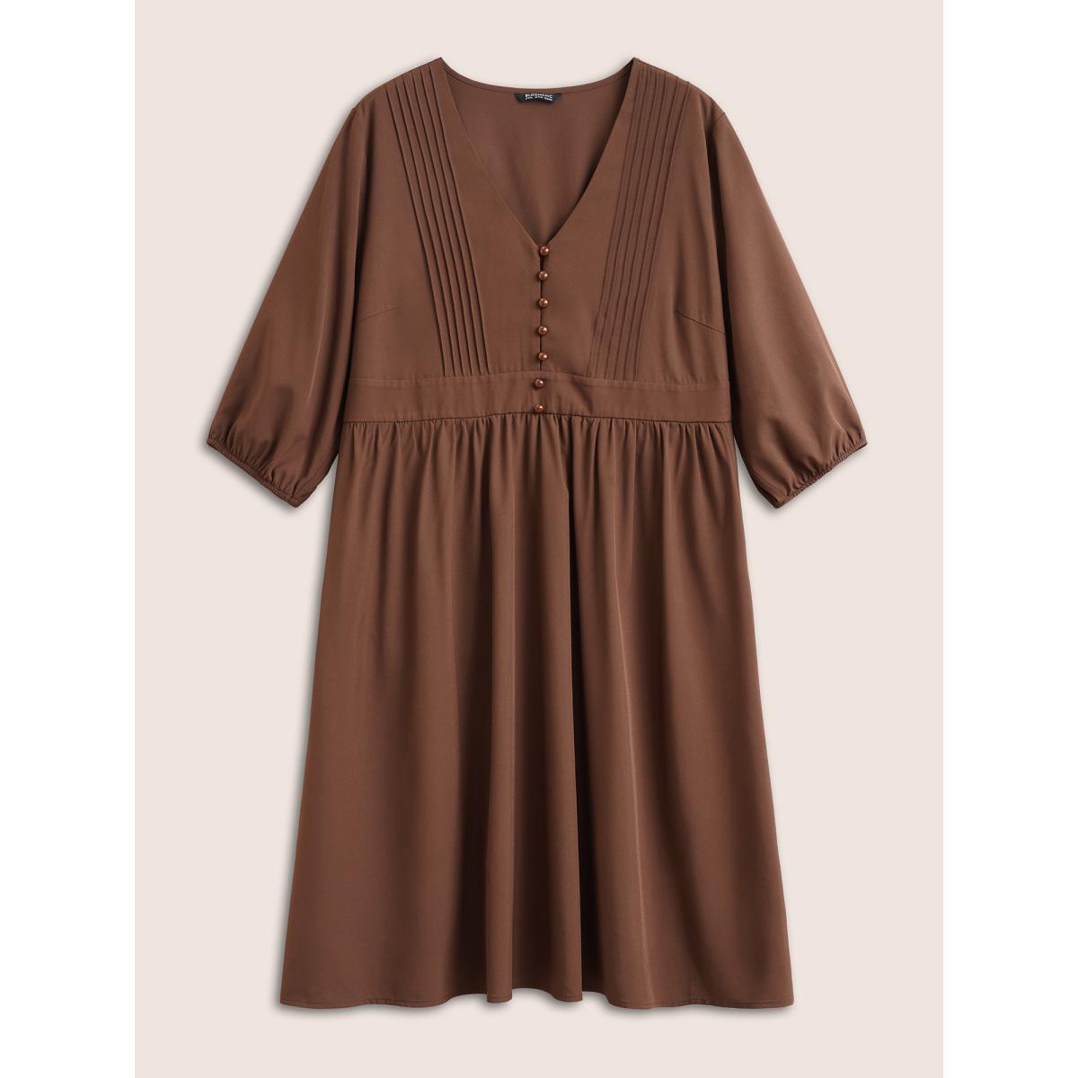 Plus Size Solid Pleated Button Detail Lantern Sleeve Dress DarkBrown Women At the Office Non V-neck Elbow-length sleeve Curvy Midi Dress BloomChic 26/4X Product Image
