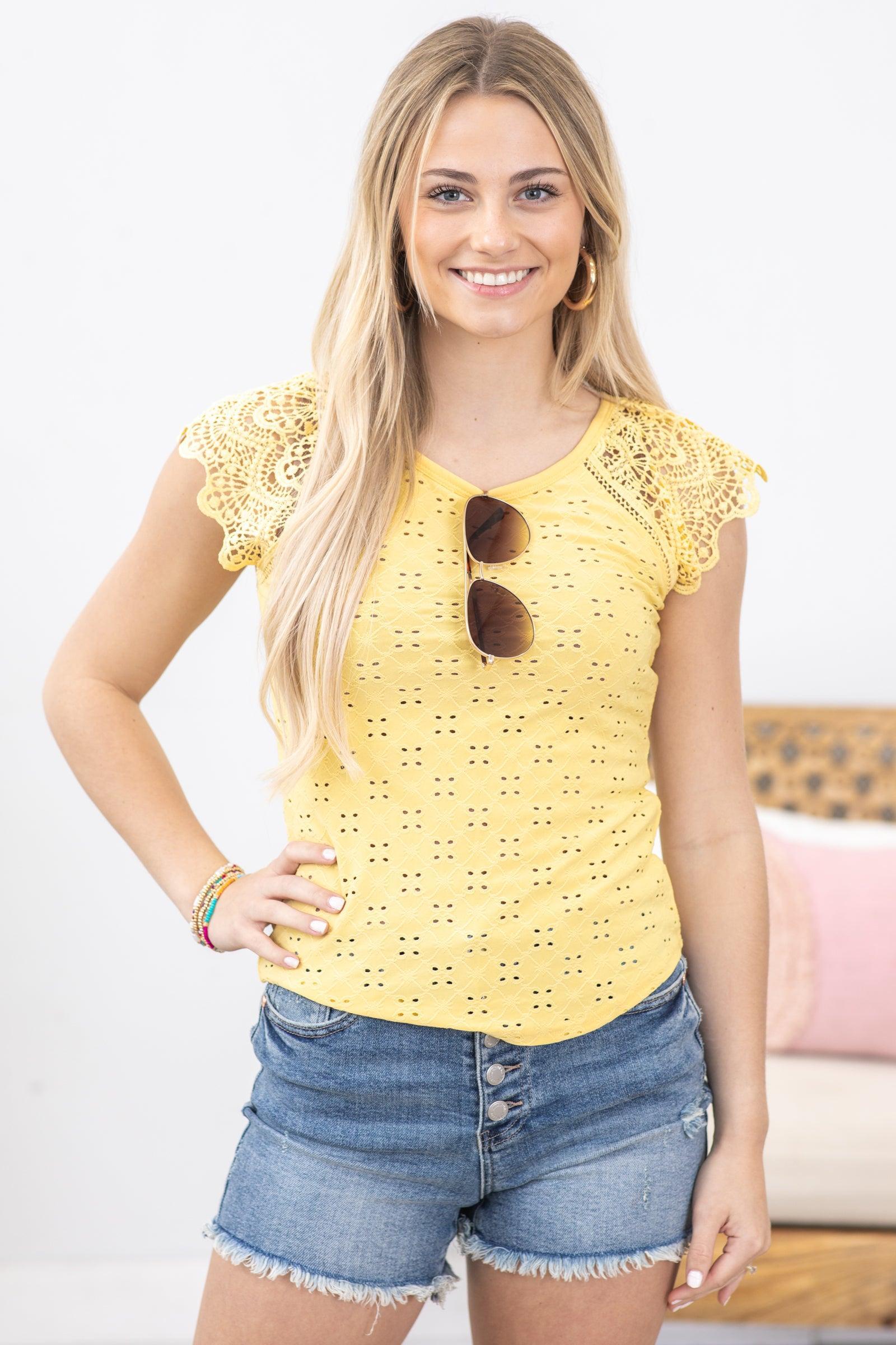 Pastel Yellow Eyelet Embroidery Knit Top Product Image