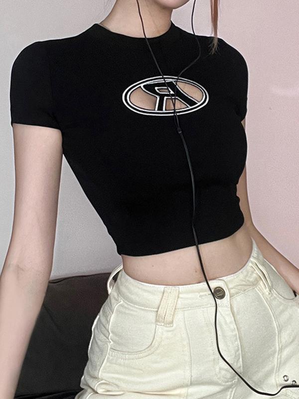 Cutout Letter Print Cropped Short Sleeve Tee Product Image