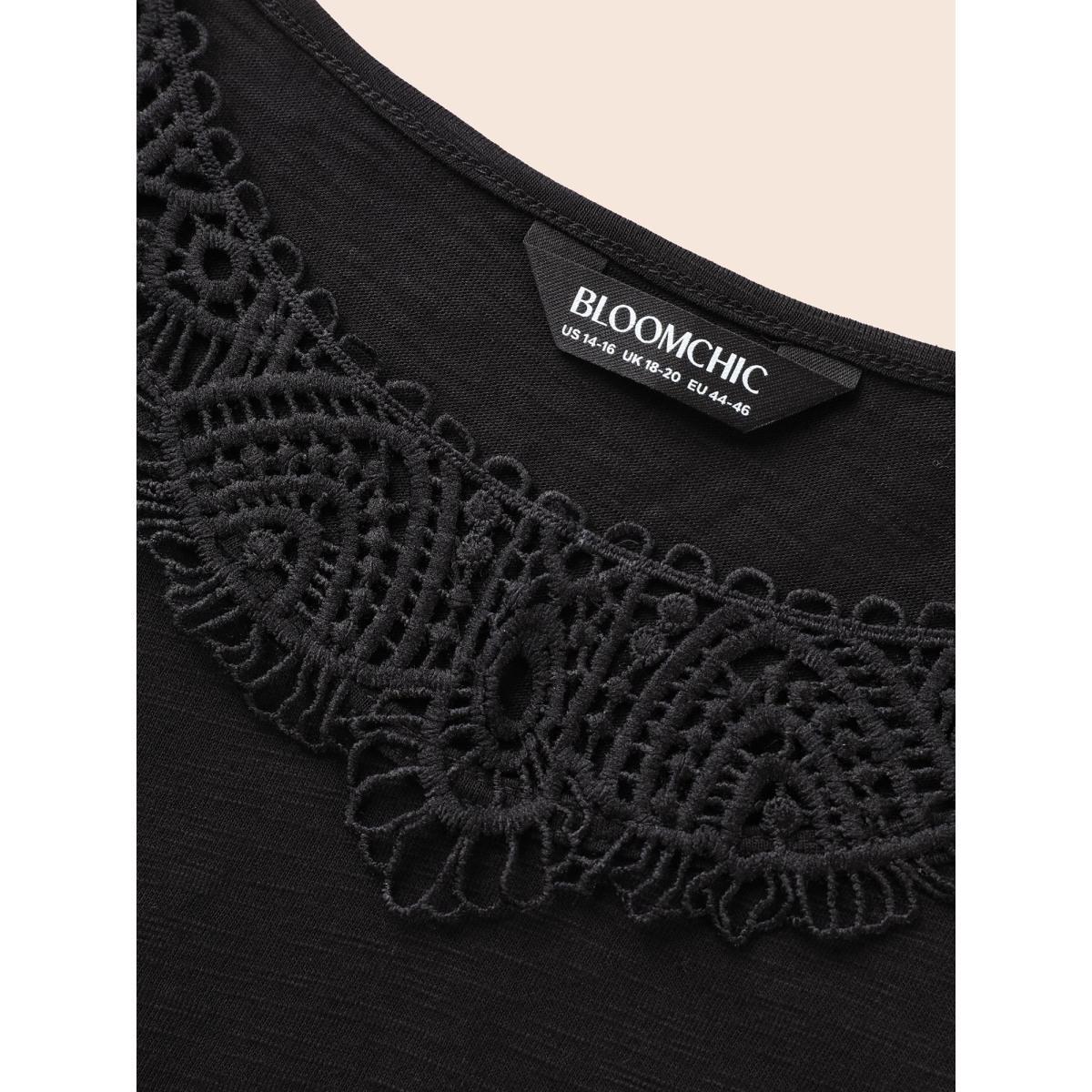 Plus Size Crew Neck Stretch Lace Patchwork T-shirt Black Women Elegant Patchwork Non Everyday T-shirts BloomChic 22-24/3X Product Image