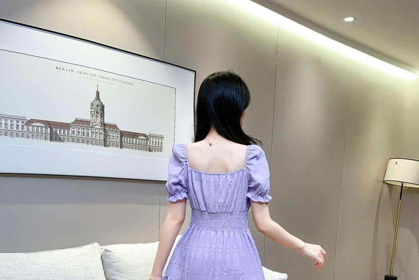 Puff-Sleeve Plain Maxi A-Line Dress Product Image