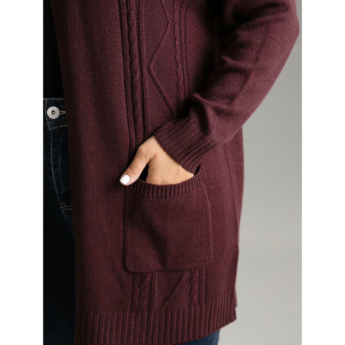 Plus Size Plain Cable Knit Button Up Pocket Cardigan Burgundy Women Casual Loose Long Sleeve Dailywear Cardigans BloomChic 14-16/1X Product Image