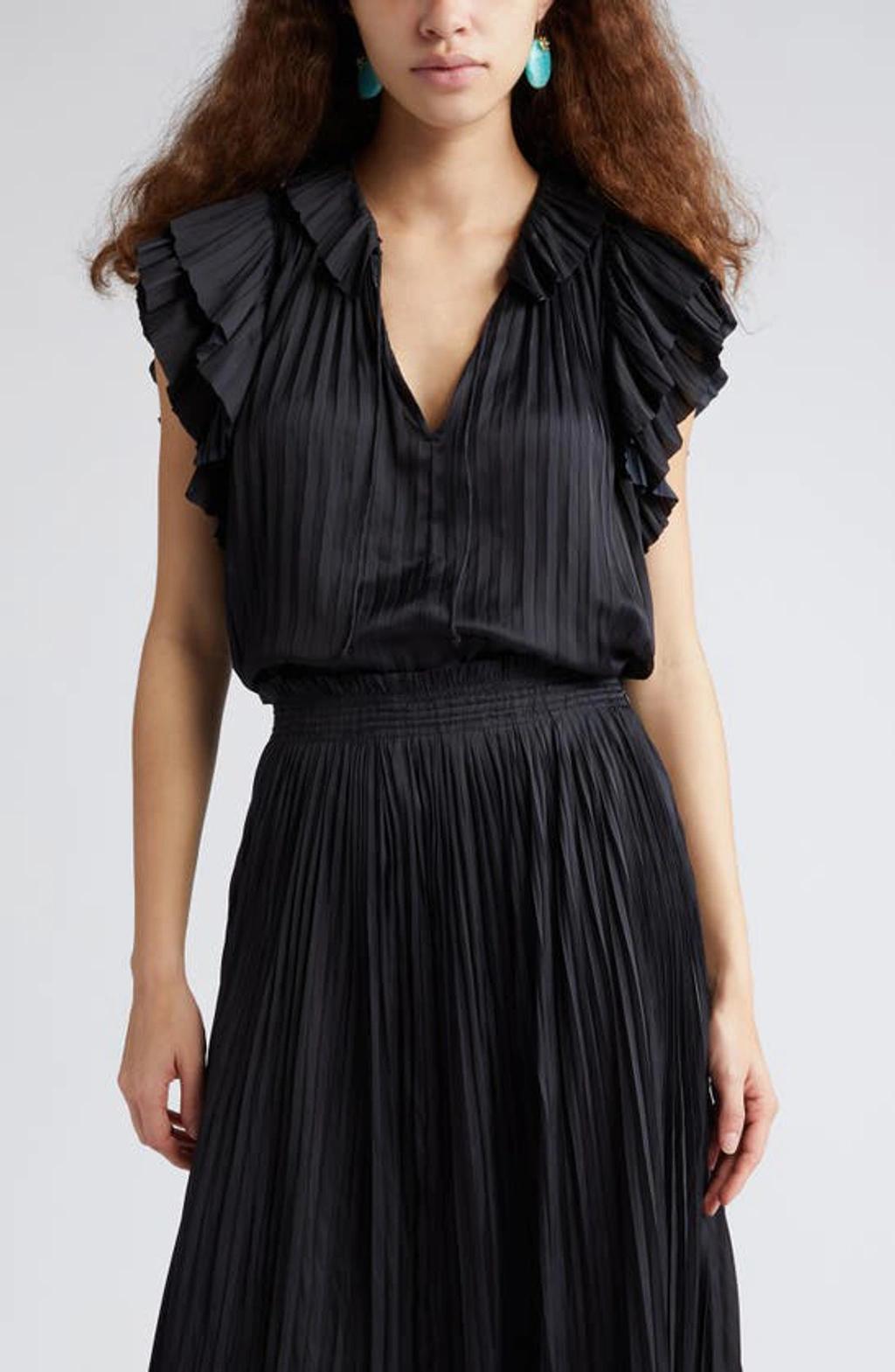 Elli Pleated Satin Split-neck Keyhole Top In Black Product Image