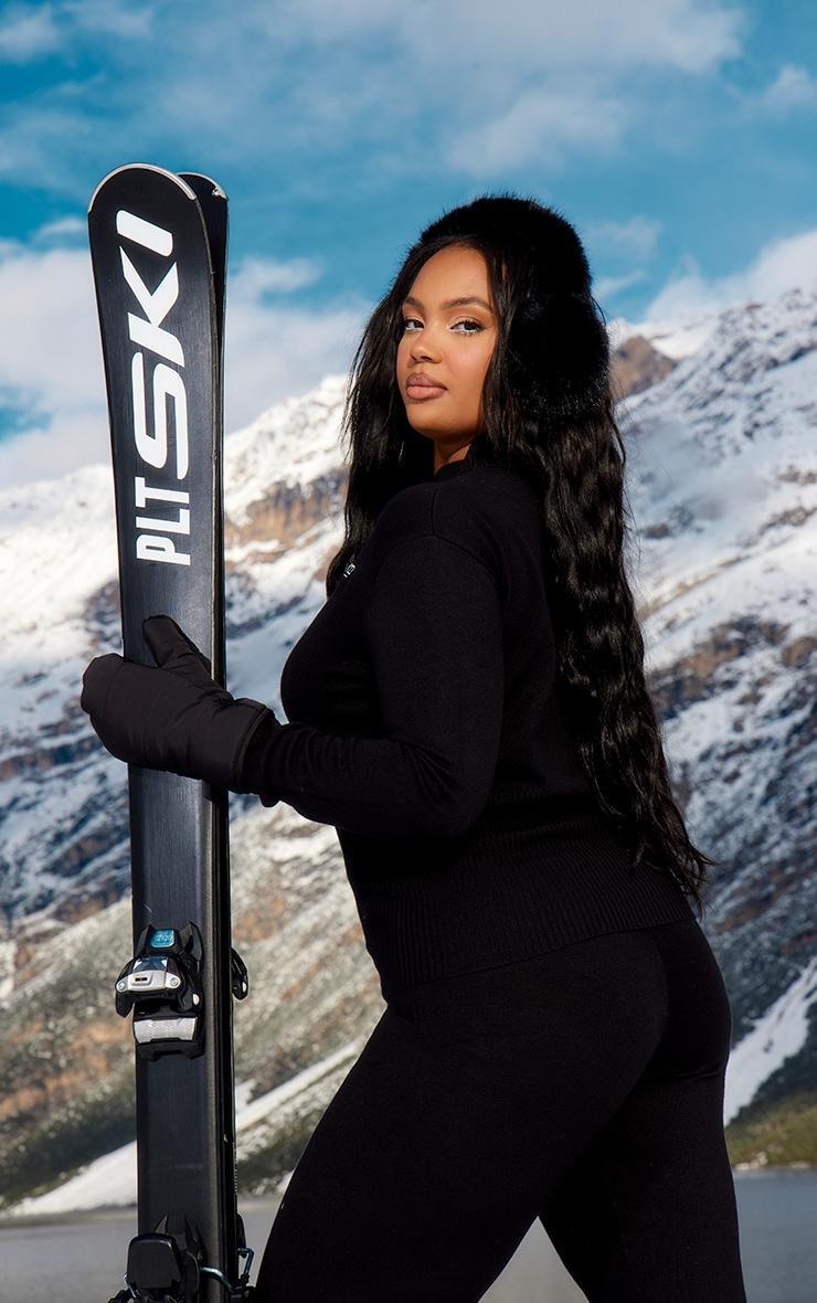 PRETTYLITTELTHING Plus Black Embroidered Zip Up Knit Ski Base Layer Top Product Image