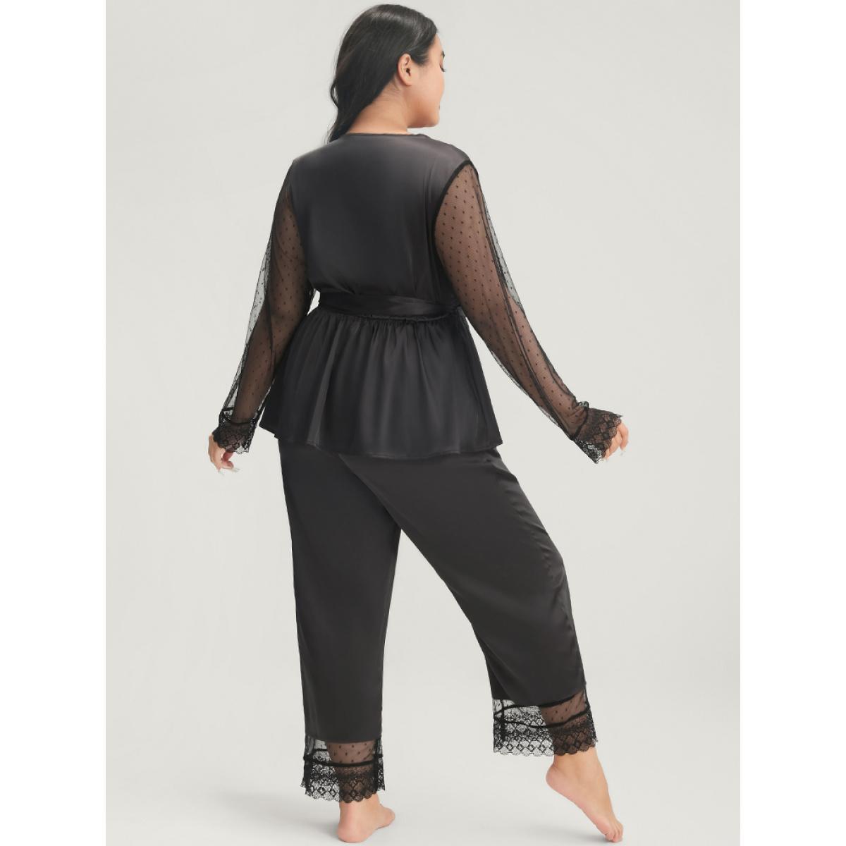 Plus Size Solid Mesh Lace Wrap Belted Pajama Set Women Black Plain Cross straps Long Sleeve V-neck Elegant Loungewear Sets BloomChic 18-20/2X Product Image