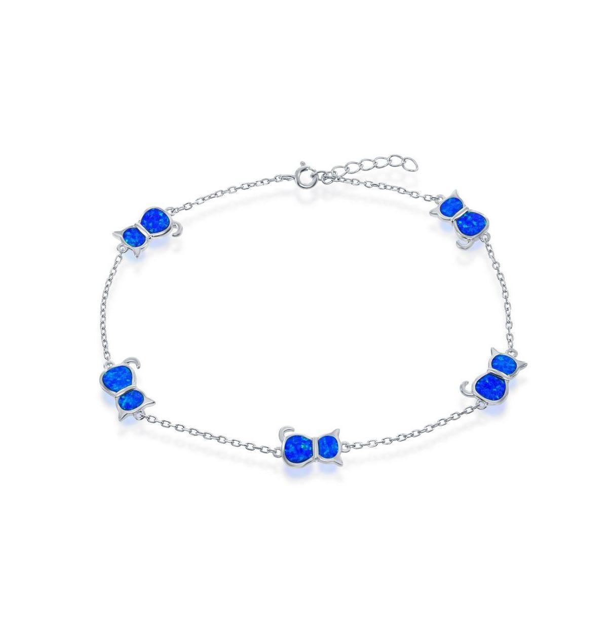 Sterling Silver & Lab-Created Opal Cat Pendants Anklet, Women's, Size: 9", Blue Product Image