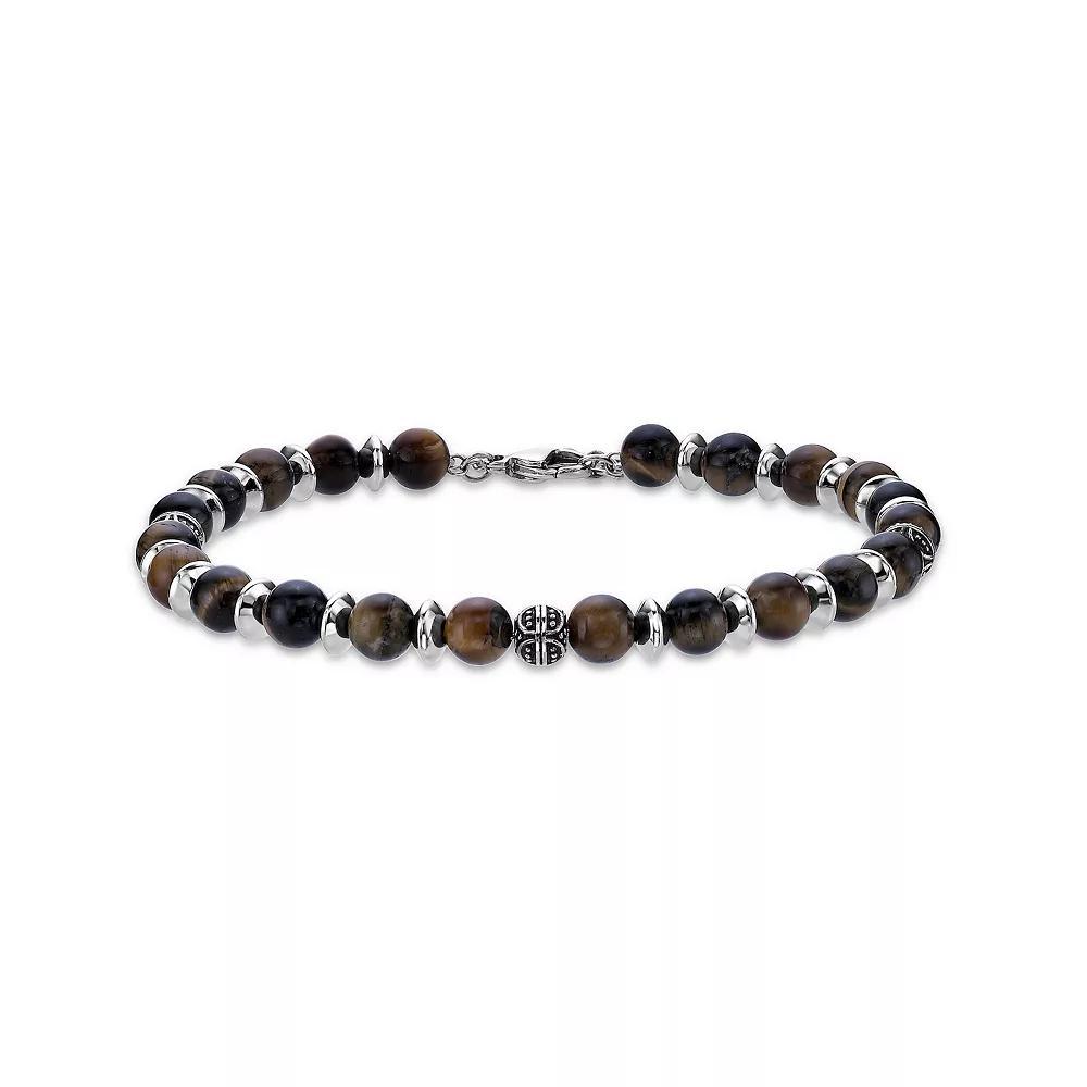 LYNX Tiger's Eye Quartz and Stainless Steel Alternating Beaded Men's Bracelet, Size: 8.5" Product Image