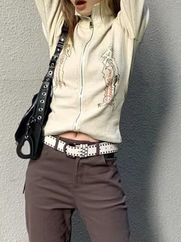 Vintage Print Lapel Neck Zip Up Long Sleeve Knit Product Image