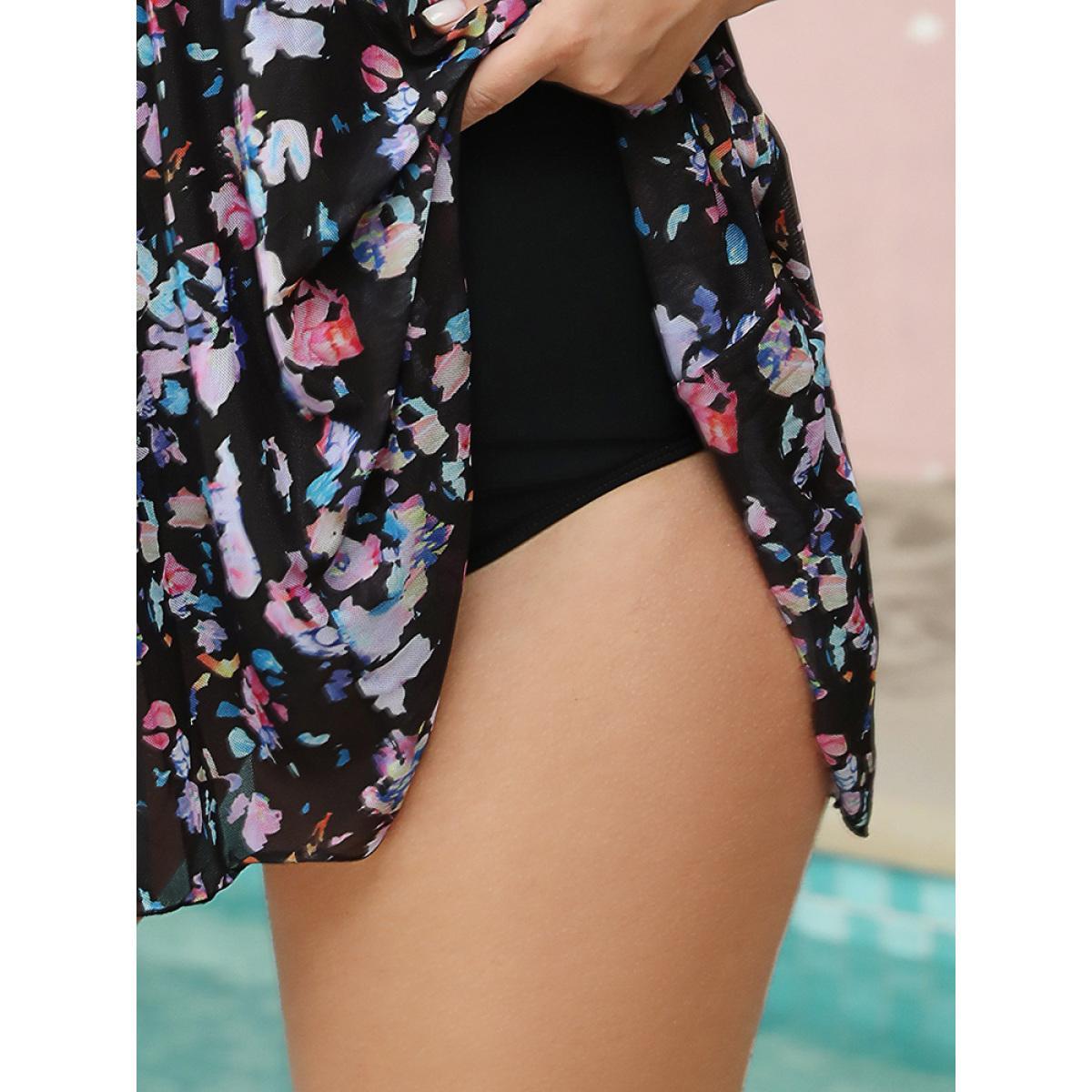 Plus Size Graphic Print Ruffles Crisscross Deep V Neck Swim Dress Women's Swimwear BlackFlower Vacation Bodycon Deep V-neck High stretch Curve Swim Dresses BloomChic 18-20/2X Product Image