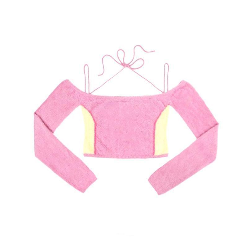 Long Sleeve Cold Shoulder Butterfly Print Crop Knit Top Product Image