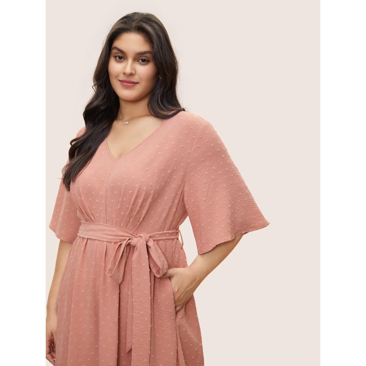 Plus Size Solid Texture Belted Ruffle Sleeve Dress Rouge Women Elegant Non V-neck Half Sleeve Curvy Midi Dress BloomChic 30/6X Product Image