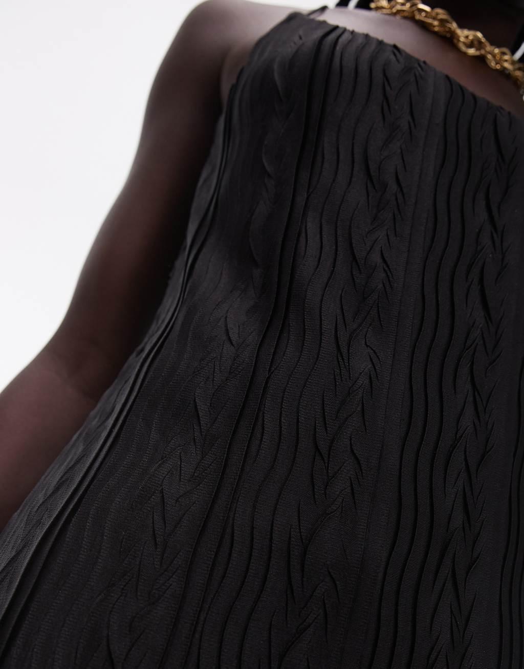 Topshop spaghetti strap crinkle plisse midaxi dress in black Product Image