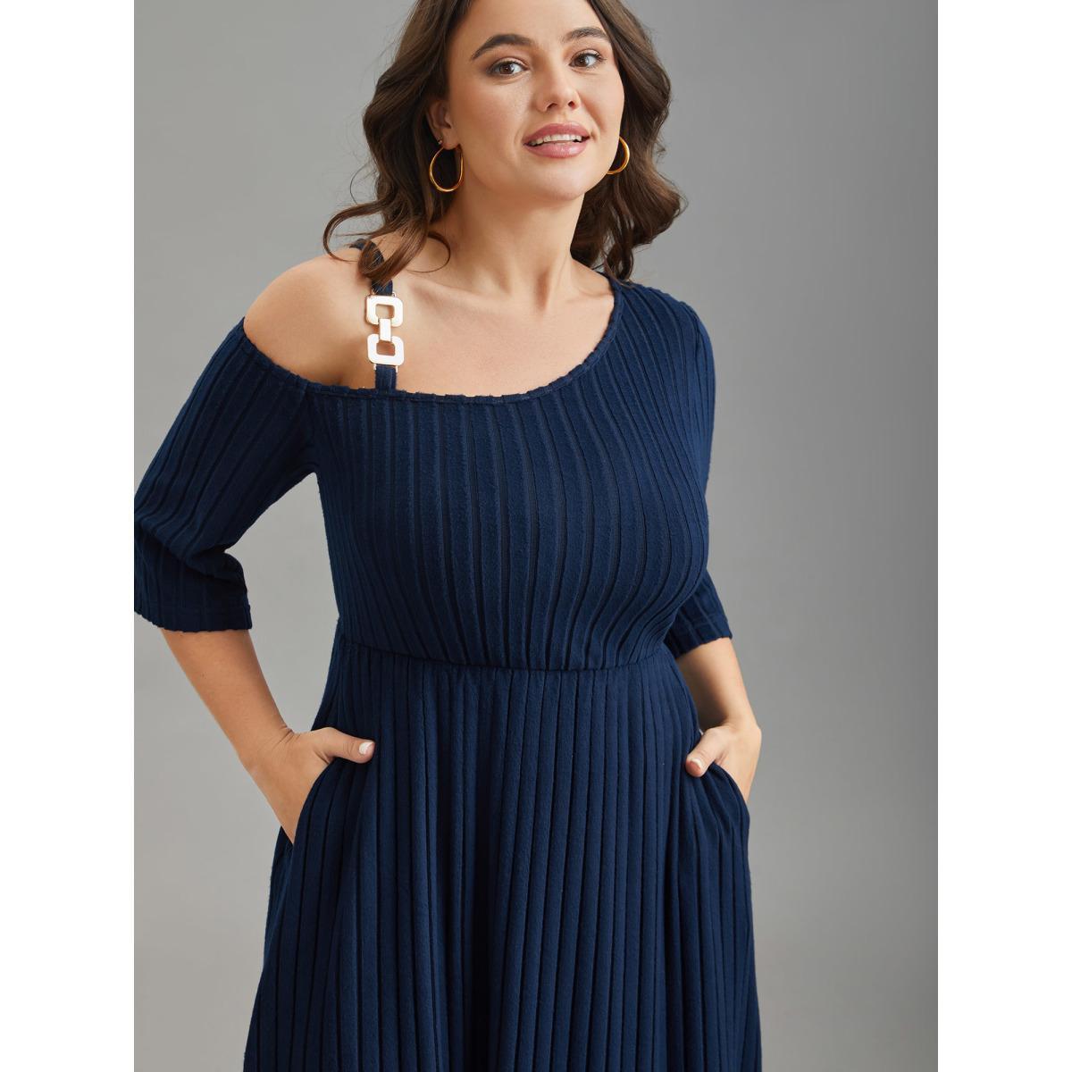 Plus Size One-Shoulder Pit-Strip Knit Buckle Midi Dress DarkBlue Women Casual Texture Knit Dresses Bloomchic 22-24/3X Product Image