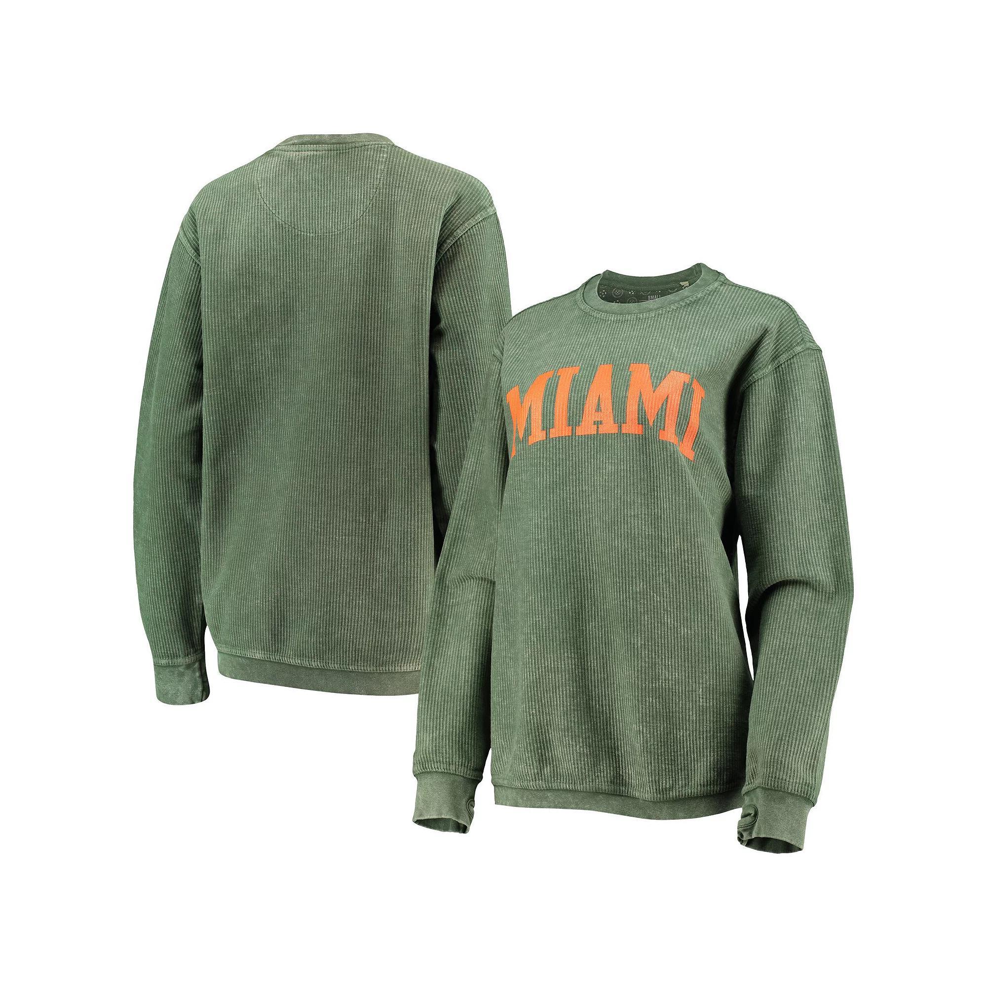 Womens Pressbox Green Miami Hurricanes Comfy Cord Vintage Wash Basic Arch Pullover Sweatshirt Product Image