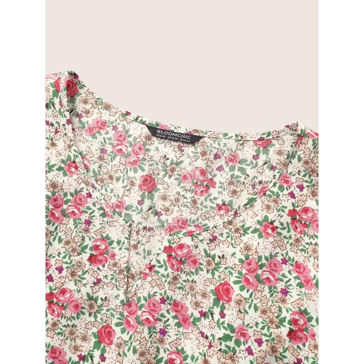 Plus Size Multicolor Ditsy Floral Notched Gathered Ruffles Blouse Women Elegant Elbow-length sleeve Notched collar Everyday Blouses BloomChic 14-16/1X Product Image