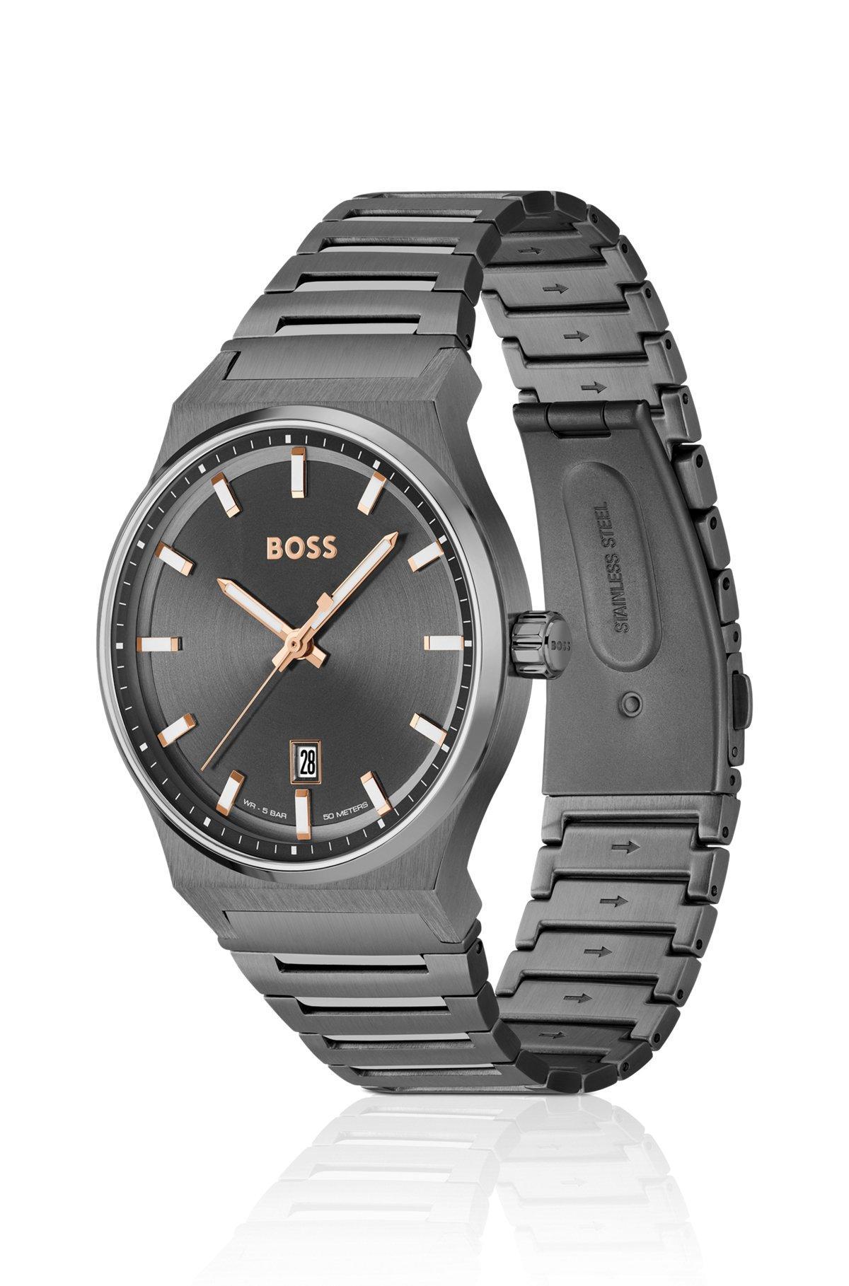 BOSS - Grey-plated link-bracelet watch with grey dial Product Image