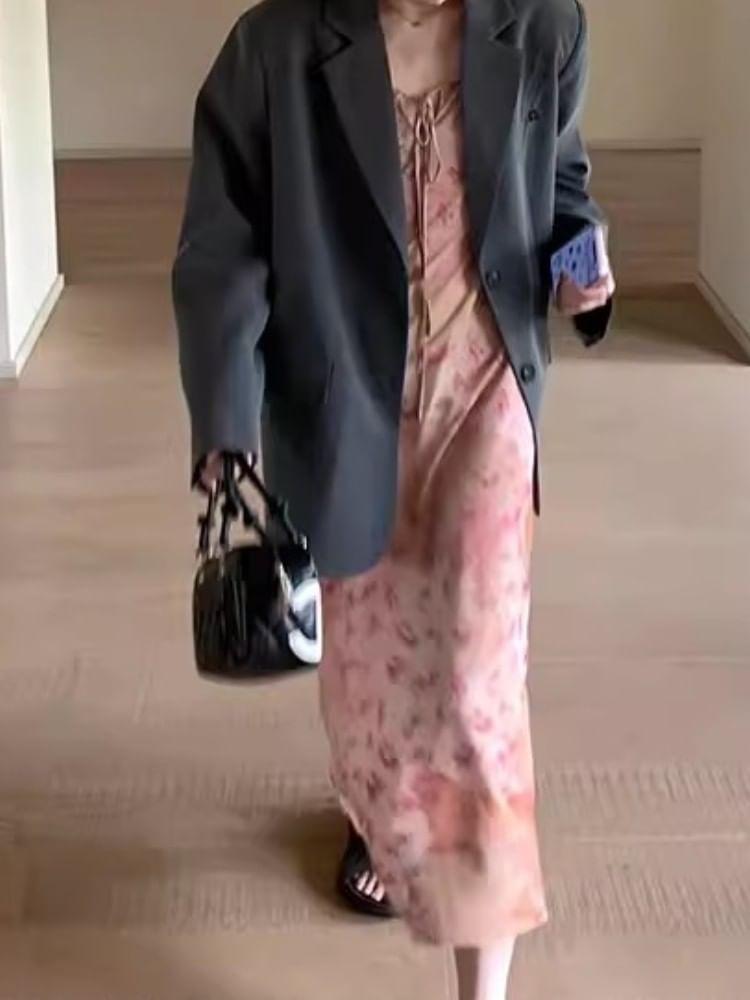 Spaghetti Strap Floral Print Tie Front Midi A-Line Dress Product Image