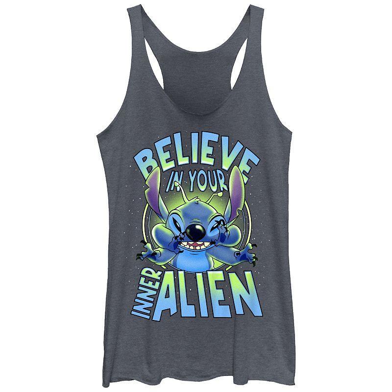 Disney's Lilo & Stitch Women's Believe In Your Inner Alien Stitch Tri-Blend Racerback Tank Top, Girl's, Size: XS, Navy Grey Product Image
