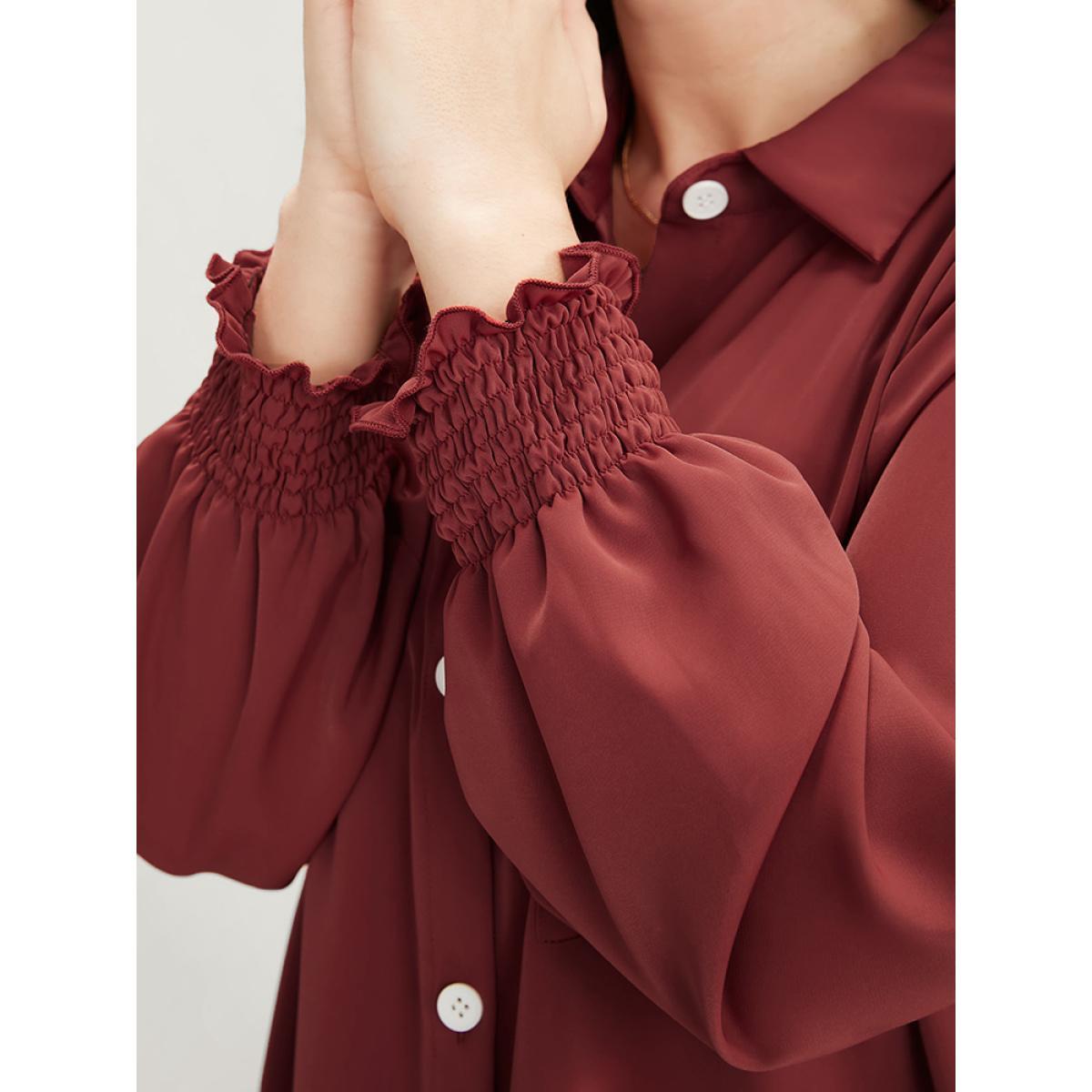 Plus Size Russet Solid Shirred Pocket Button Up High Low Hem Blouse Women Office Long Sleeve Shirt collar Work Blouses BloomChic 22-24/3X Product Image