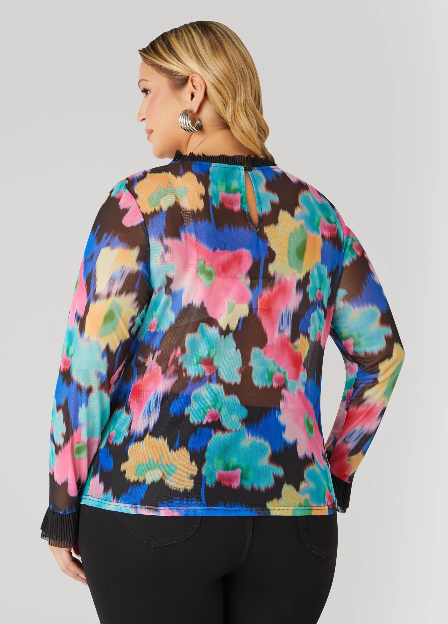 Ruffle Trimmed Printed Mesh Top Product Image