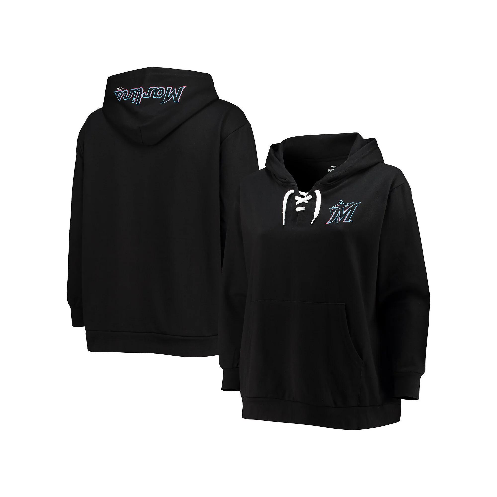 Women's Black Miami Marlins Plus Size Lace-Up V-Neck Pullover Hoodie, Size: 2XL Product Image