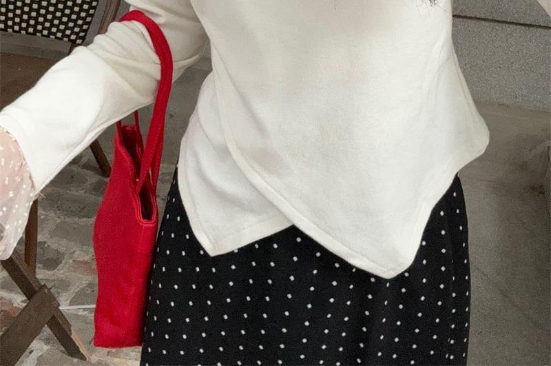 Long-Sleeve V-Neck Mesh Panel Criss Cross Slim Fit Crop Knit Top / High Rise Dotted Maxi A-Line Skirt Product Image