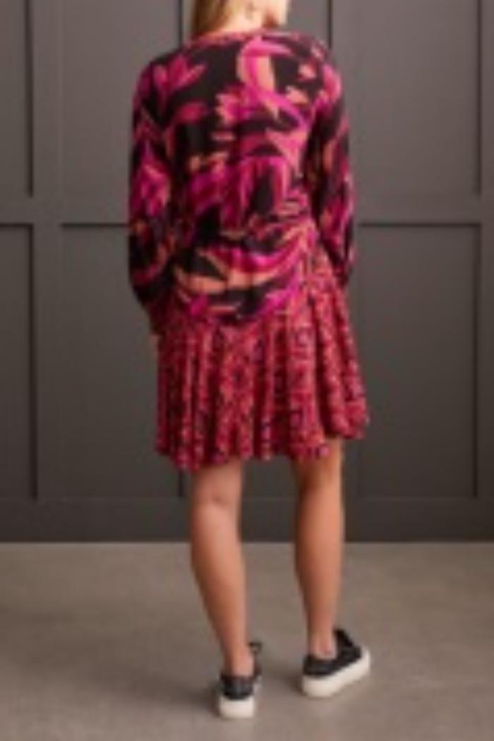 Long Sleeve Combo Print Dress with Waist Drawstring Product Image