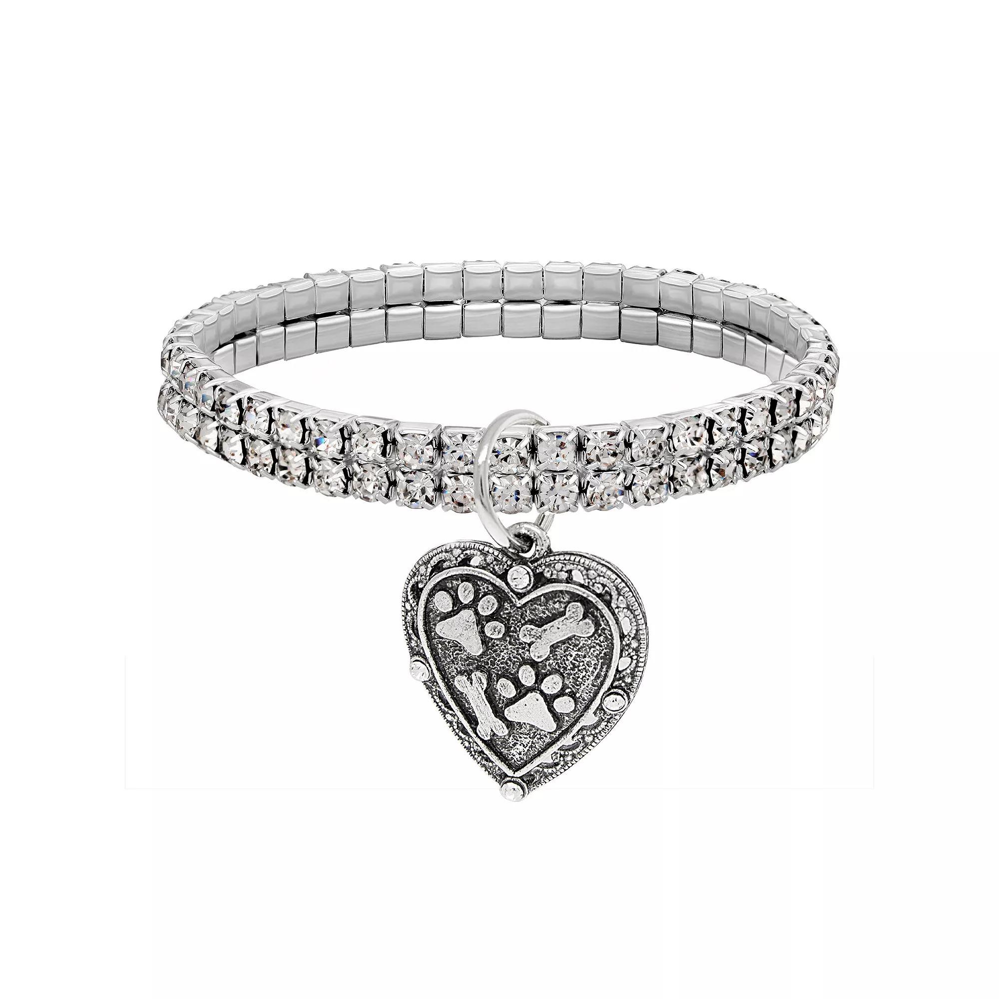 1928 Two Row Crystal Paw And Bones Heart Charm Stretch Bracelet, Women's, Silver Tone Product Image