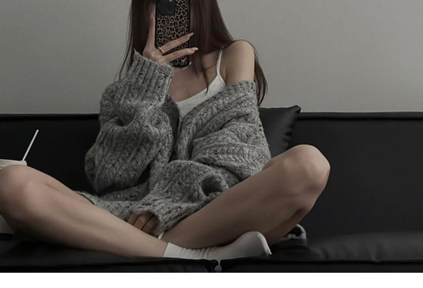 V-Neck Plain Cable-Knit Oversized Sweater Product Image