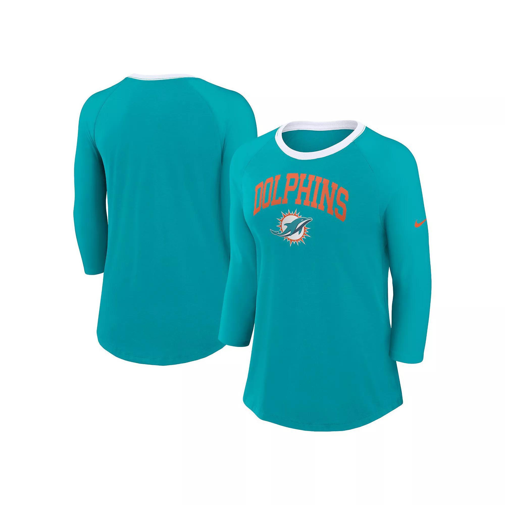 Women's Nike Aqua Miami Dolphins Raglan 3/4 Sleeve T-Shirt, Size: Small, Turquoise A Product Image
