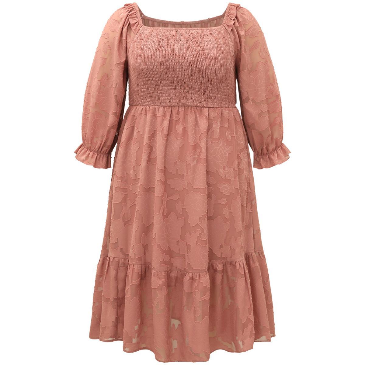 Plus Size Plain Pocket Frill Trim Lantern Sleeve Dress Watermelon Women Elegant Elastic cuffs Square Neck Elbow-length sleeve Curvy Midi Dress BloomChic 12/L Product Image