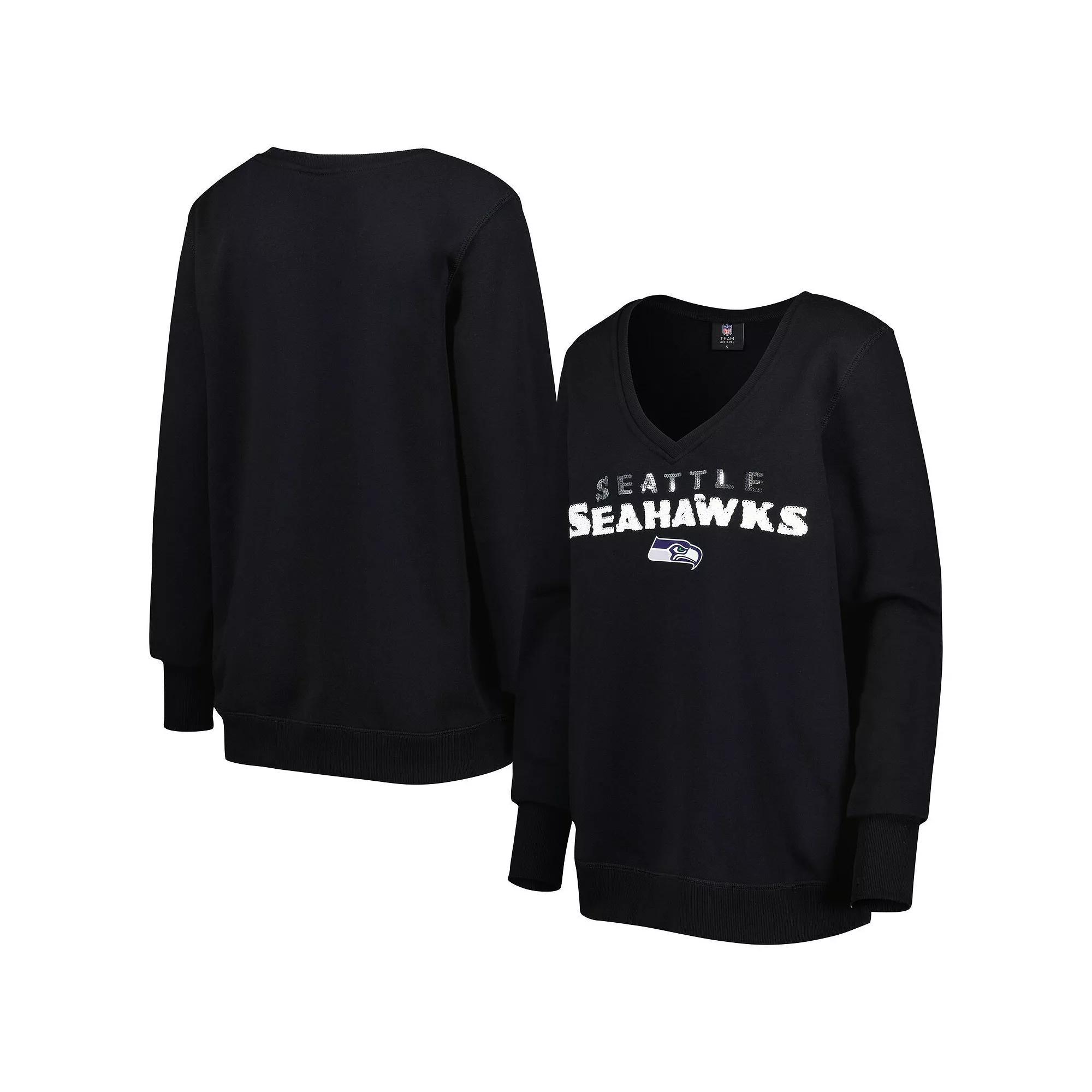 Women's Cuce Black Seattle Seahawks Sequin Logo V-Neck Pullover Sweatshirt, Size: Small Product Image