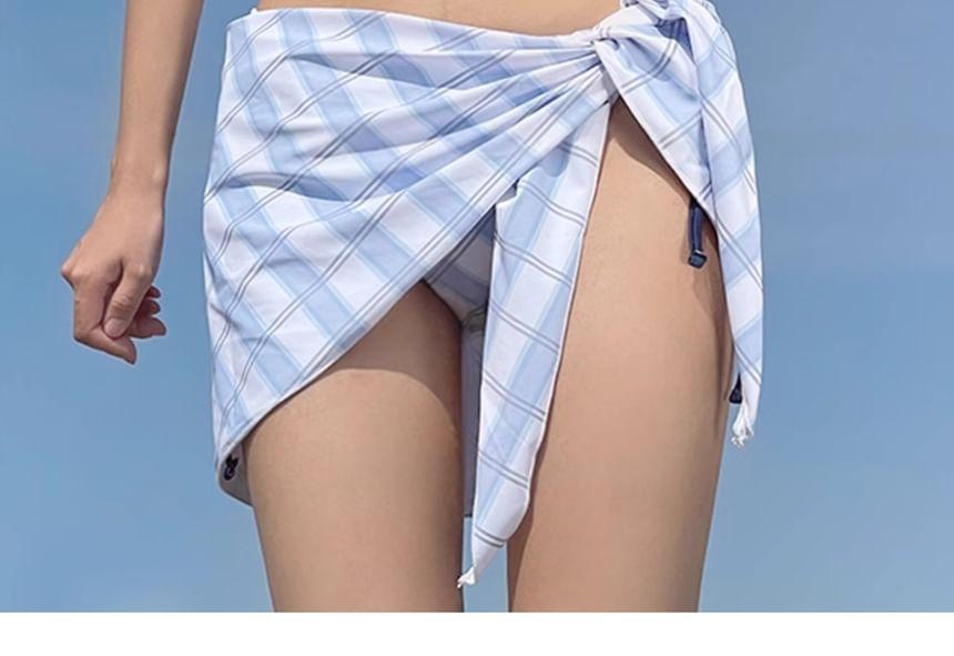 Set: Halter Neck Plaid Bikini Top + Bottom + Cover-Up Skirt Product Image