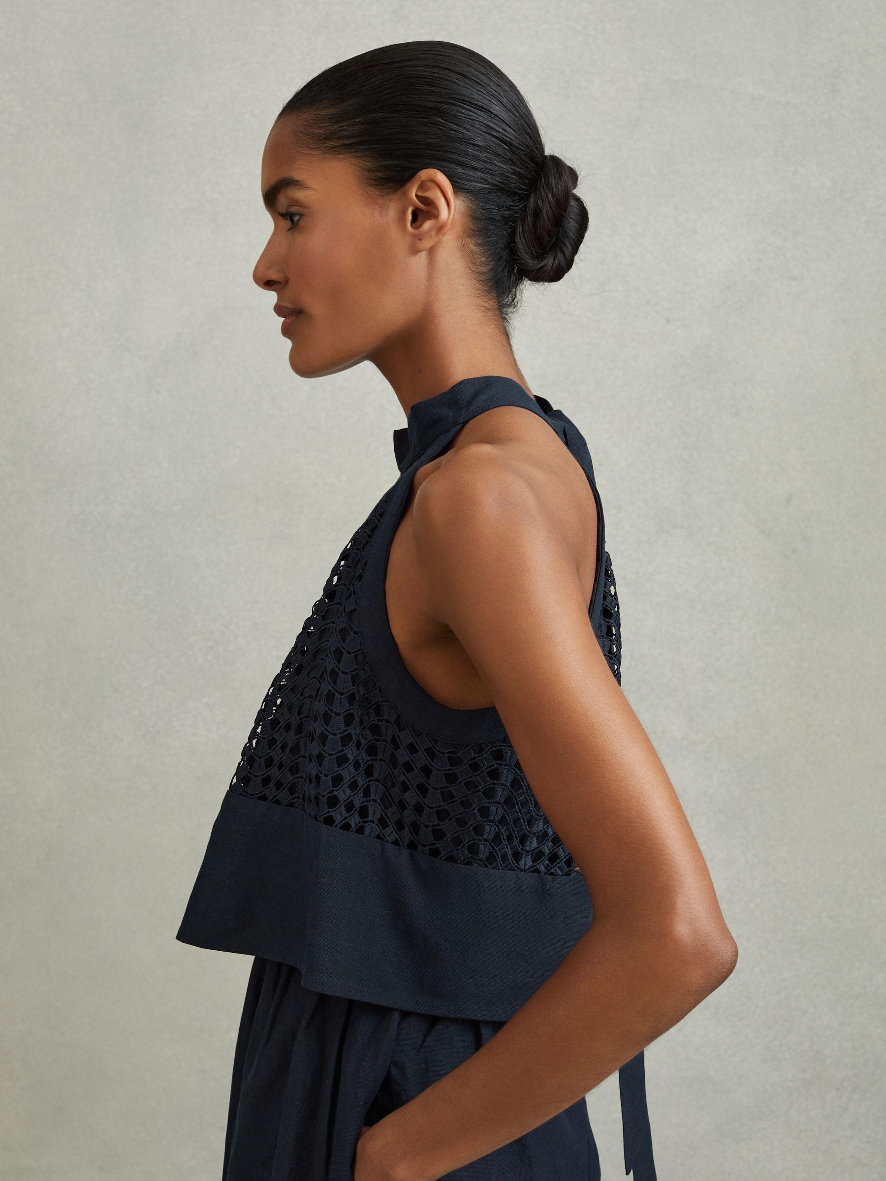 Broderie Halter Neck Mini Dress With Linen in Navy Product Image