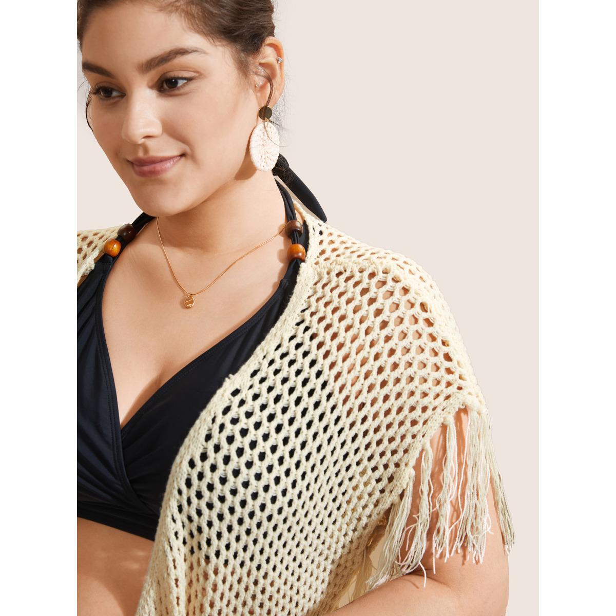 Plus Size Solid Cut Out Drawstring Tassel Trim Swim Cover Up Women's Swimwear Ivory Beach Tassels Curve Swim Cover Ups BloomChic 18-20/2X Product Image
