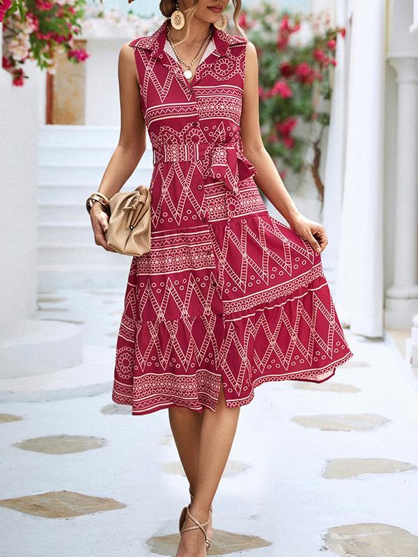 Sleeveless Buttoned Printed Tied Waist Lapel Collar Midi Dresses Product Image