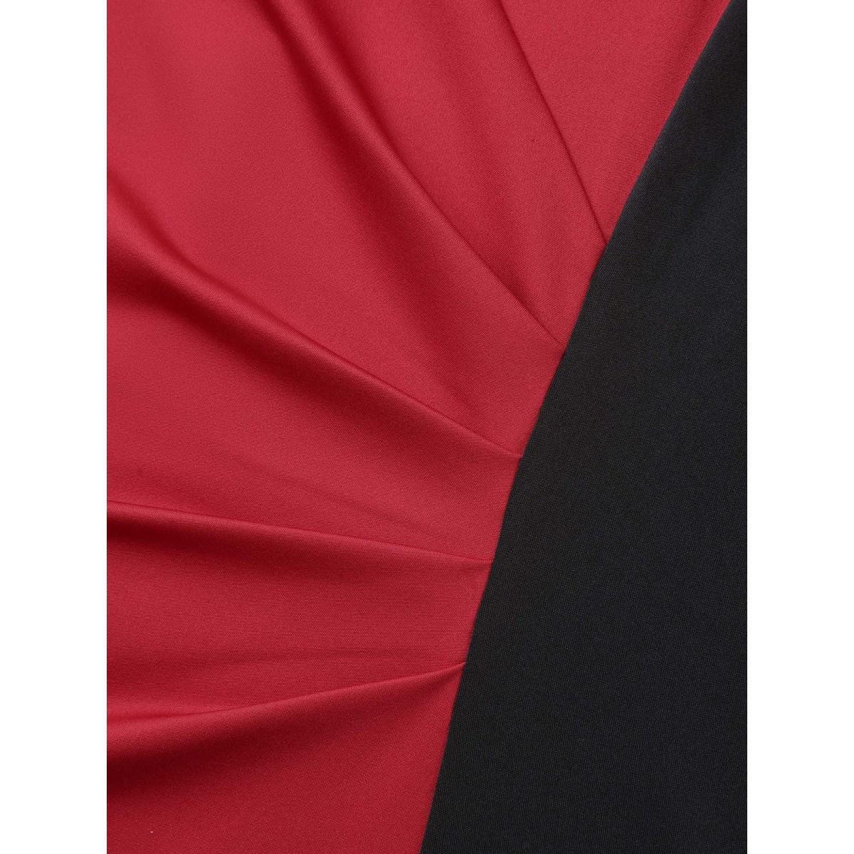 Plus Size Color Block Fitted Waist Overlap Neck Dress Burgundy Women At the Office Contrast Knit Dresses Bloomchic 18-20/2X Product Image