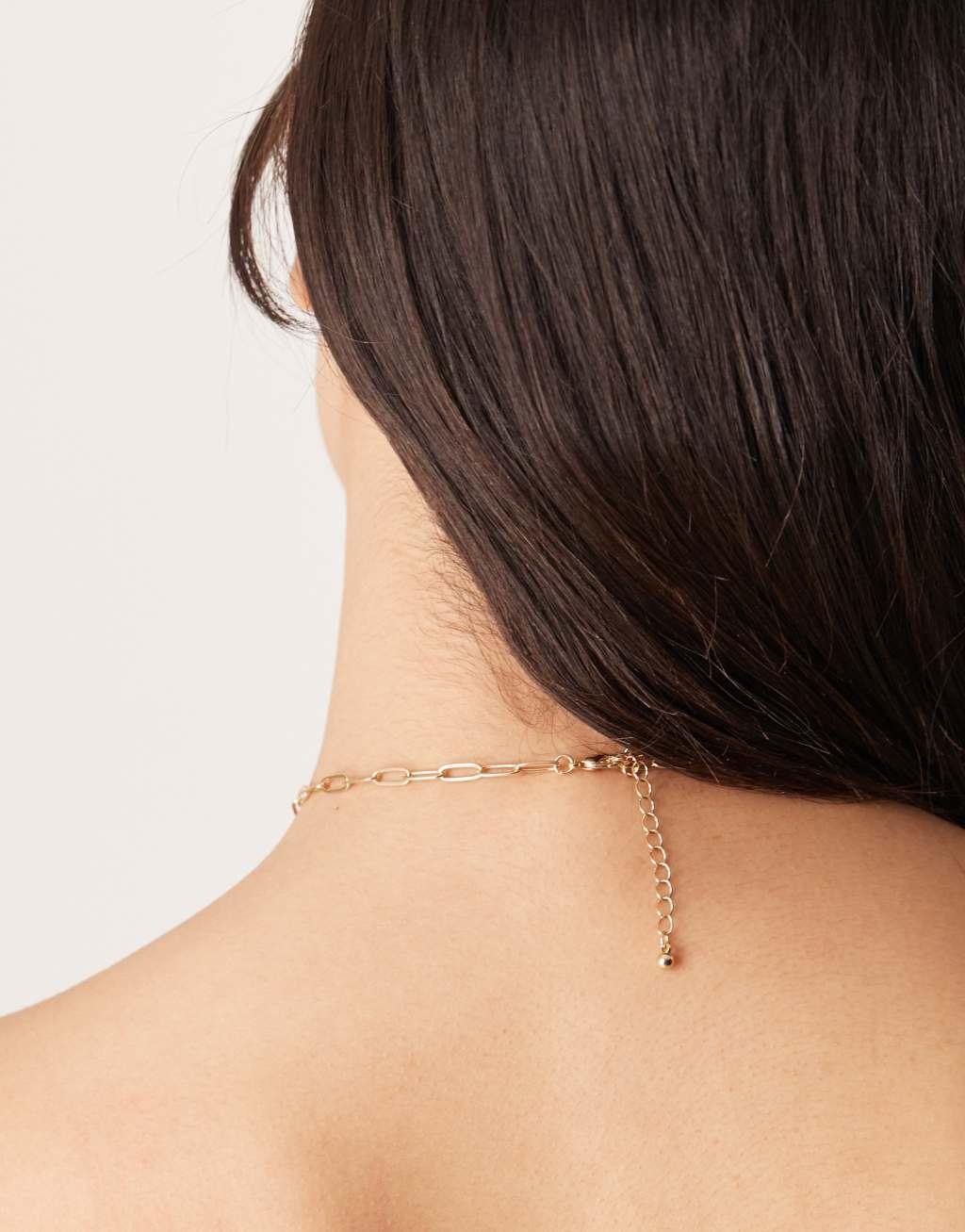 ASOS DESIGN necklace with faux tigers eye heart charms in gold tone Product Image