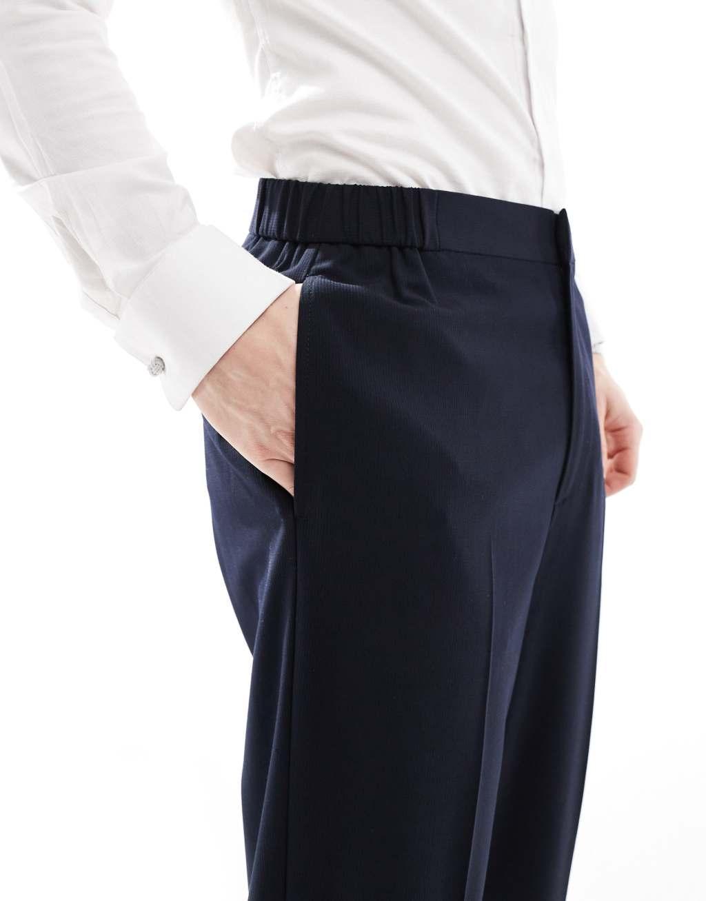 ASOS DESIGN smart tapered fit chino pants with elasticated waistband in navy microtexture Product Image