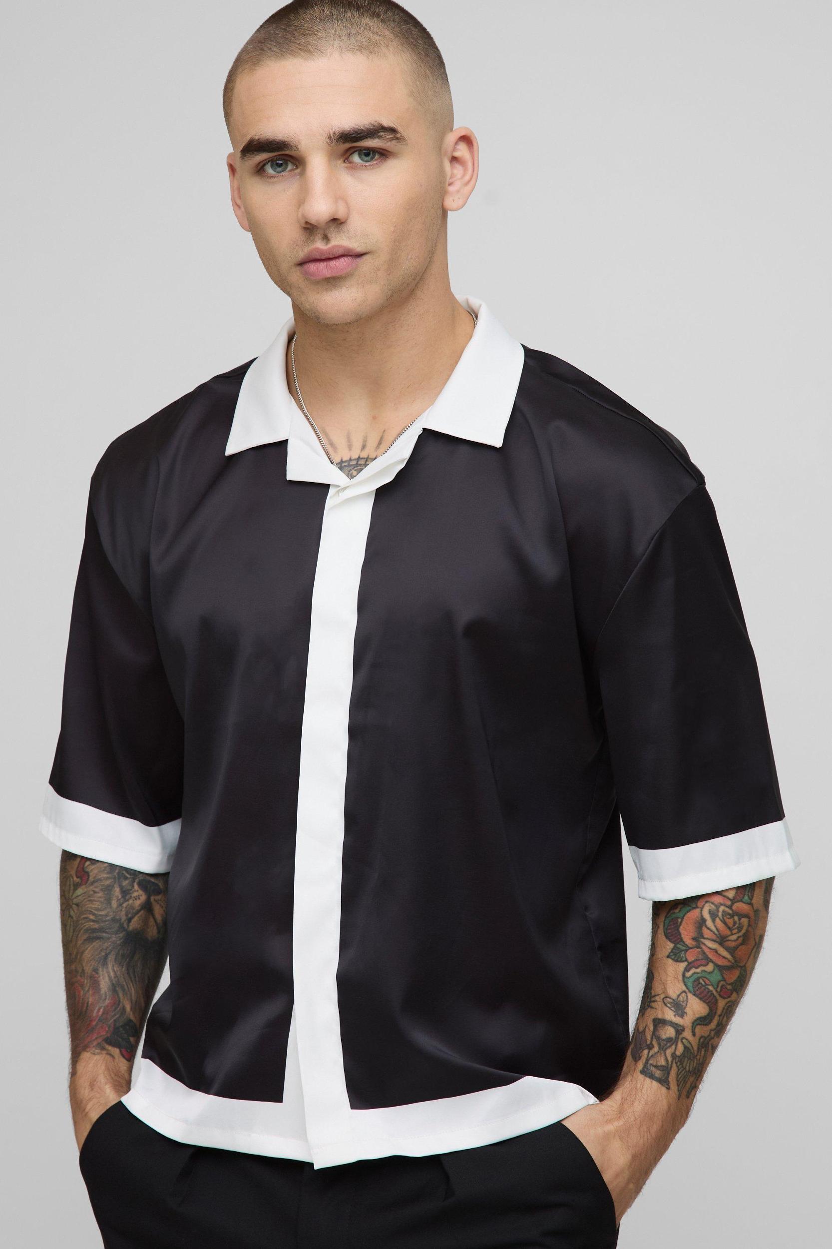 Oversized Boxy Border Printed Satin Shirt | boohooMAN USA Product Image