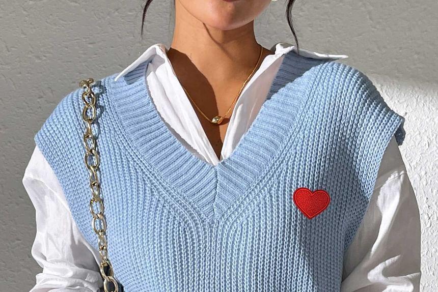 V-Neck Heart Embroidered Sweater Vest Product Image
