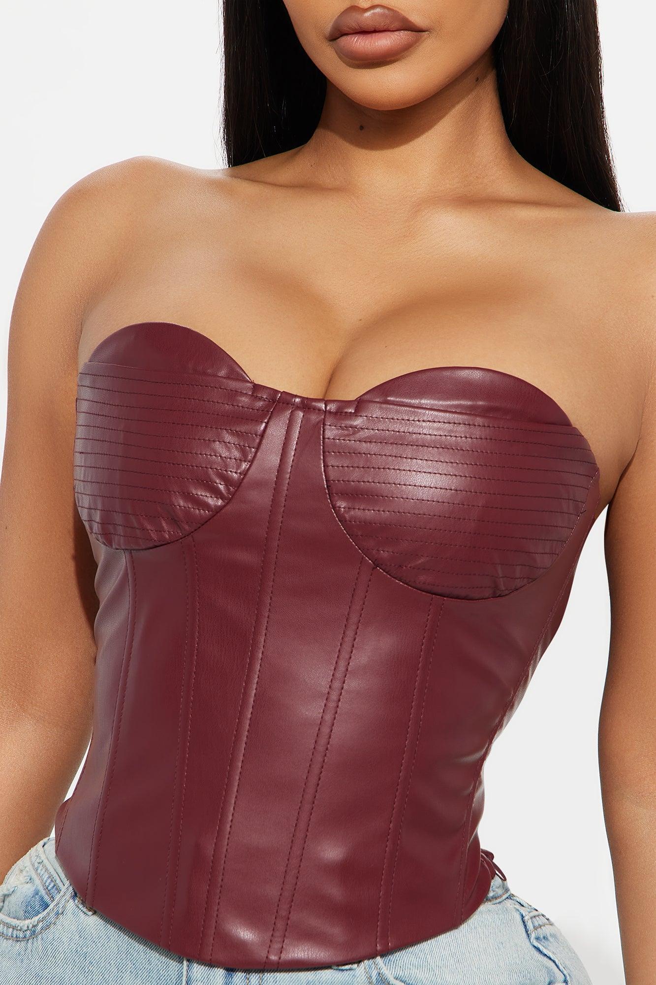 Too Perfect Faux Leather Corset Top - Burgundy Product Image