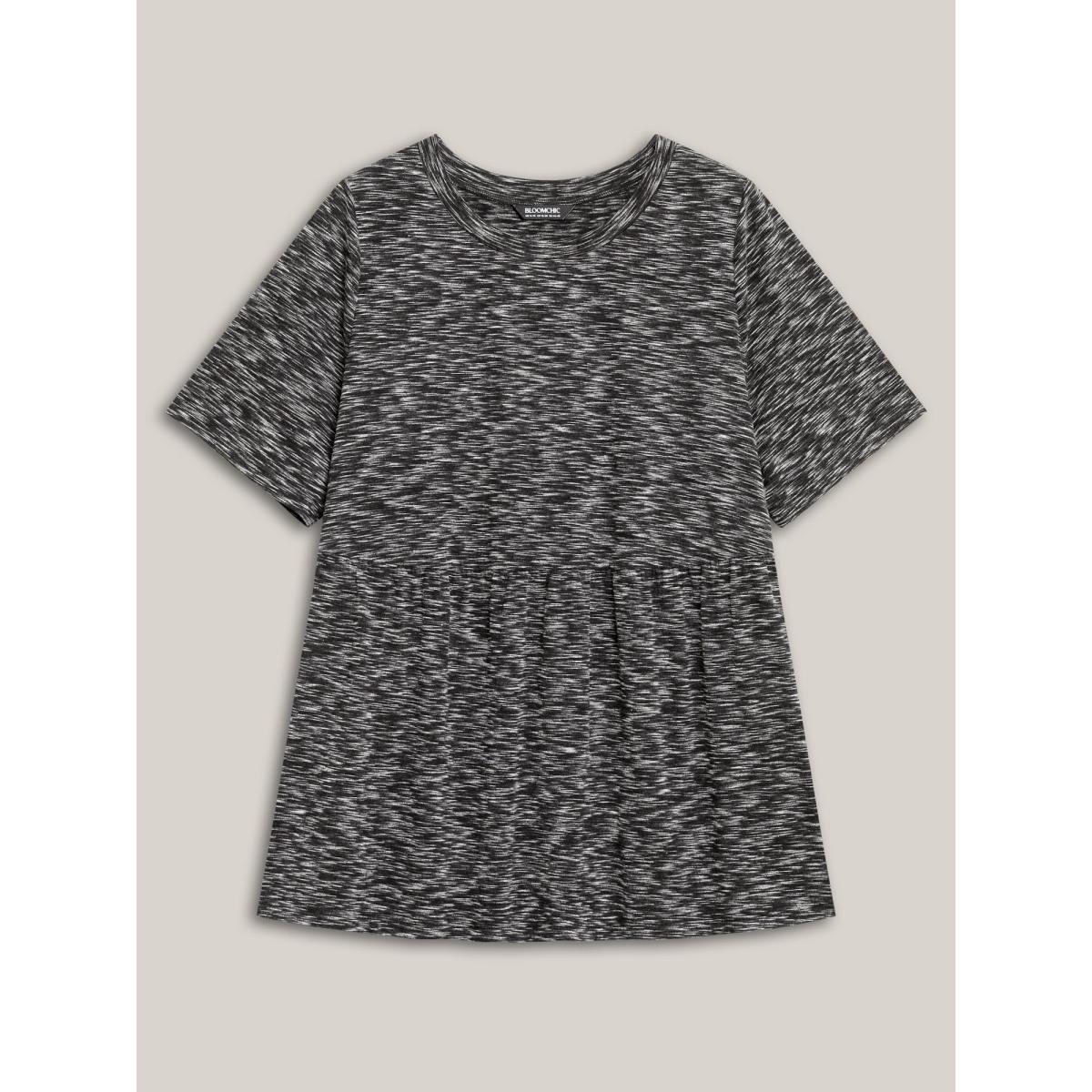 Plus Size Heathered Crew Neck Relaxed T-Shirt Black Women Casual Gathered Round Neck Everyday T-shirts BloomChic 26/4X Product Image