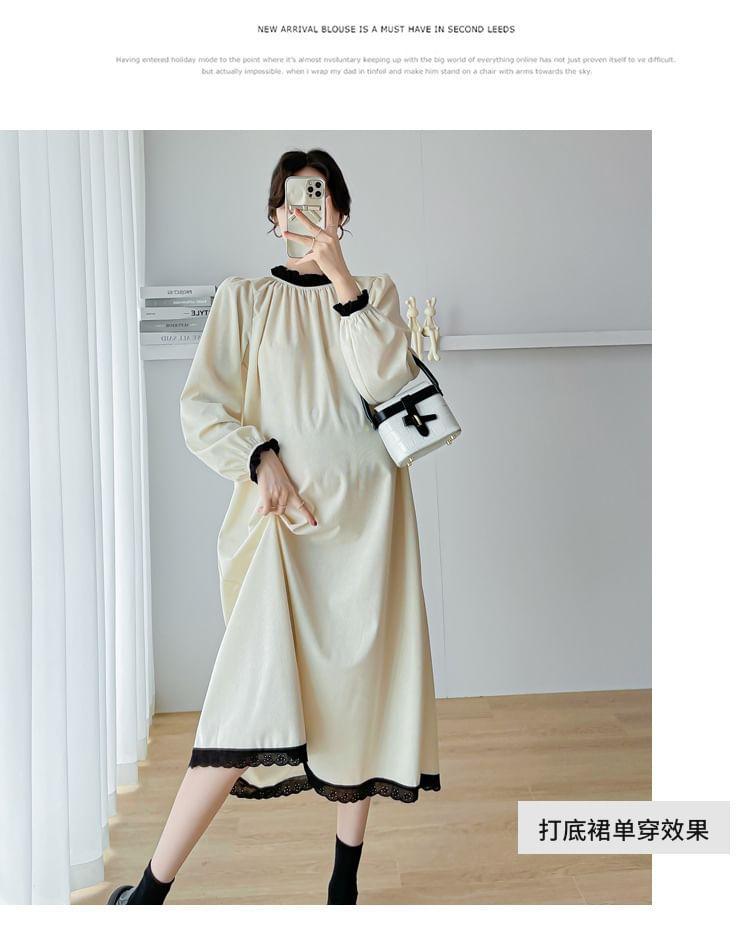 Maternity Set: Long-Sleeve Contrast Trim Midi A-Line Dress + Plain Slit Pinafore Dress Product Image