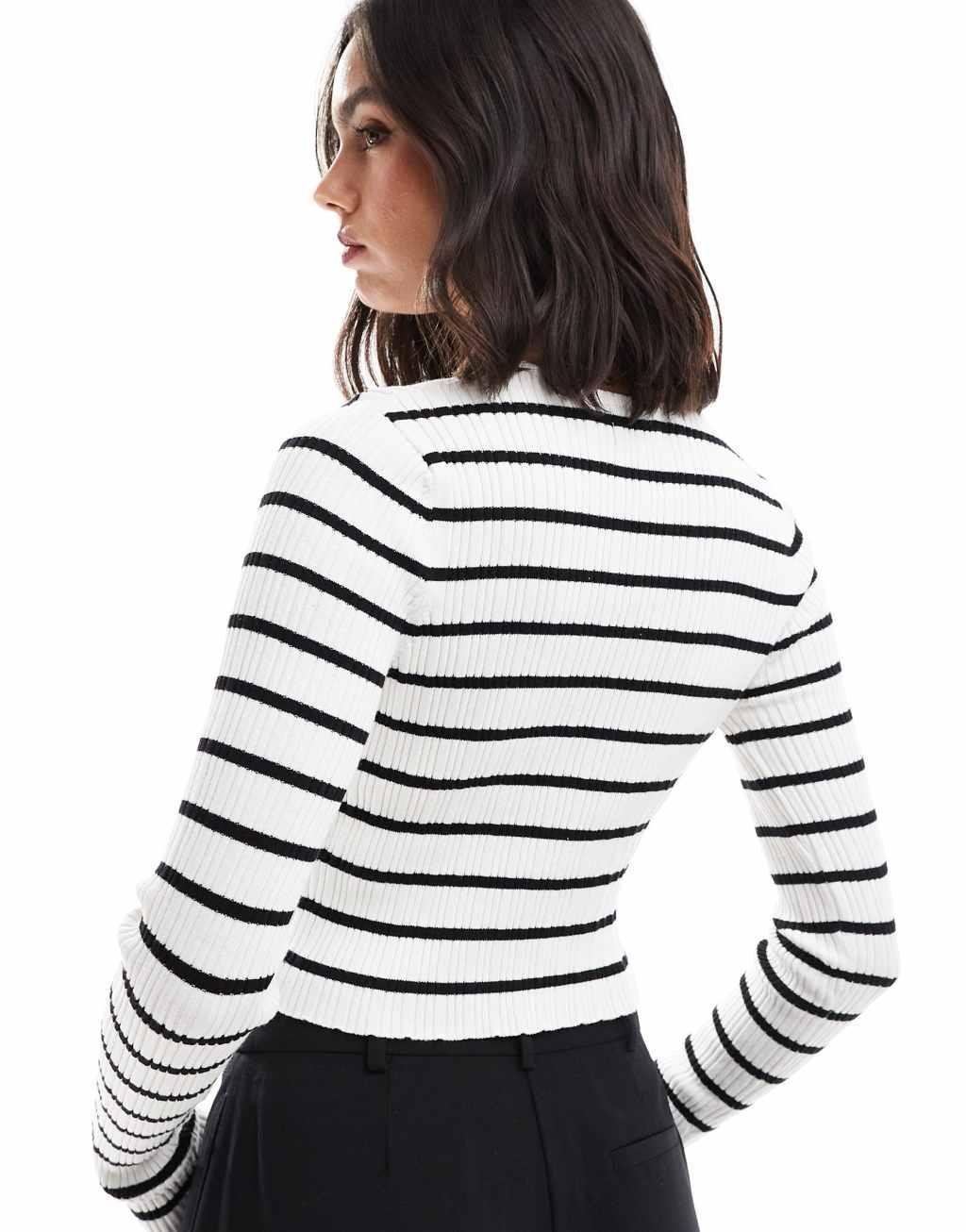 ASOS DESIGN knitted long sleeve top with crew neck in cream stripe Product Image