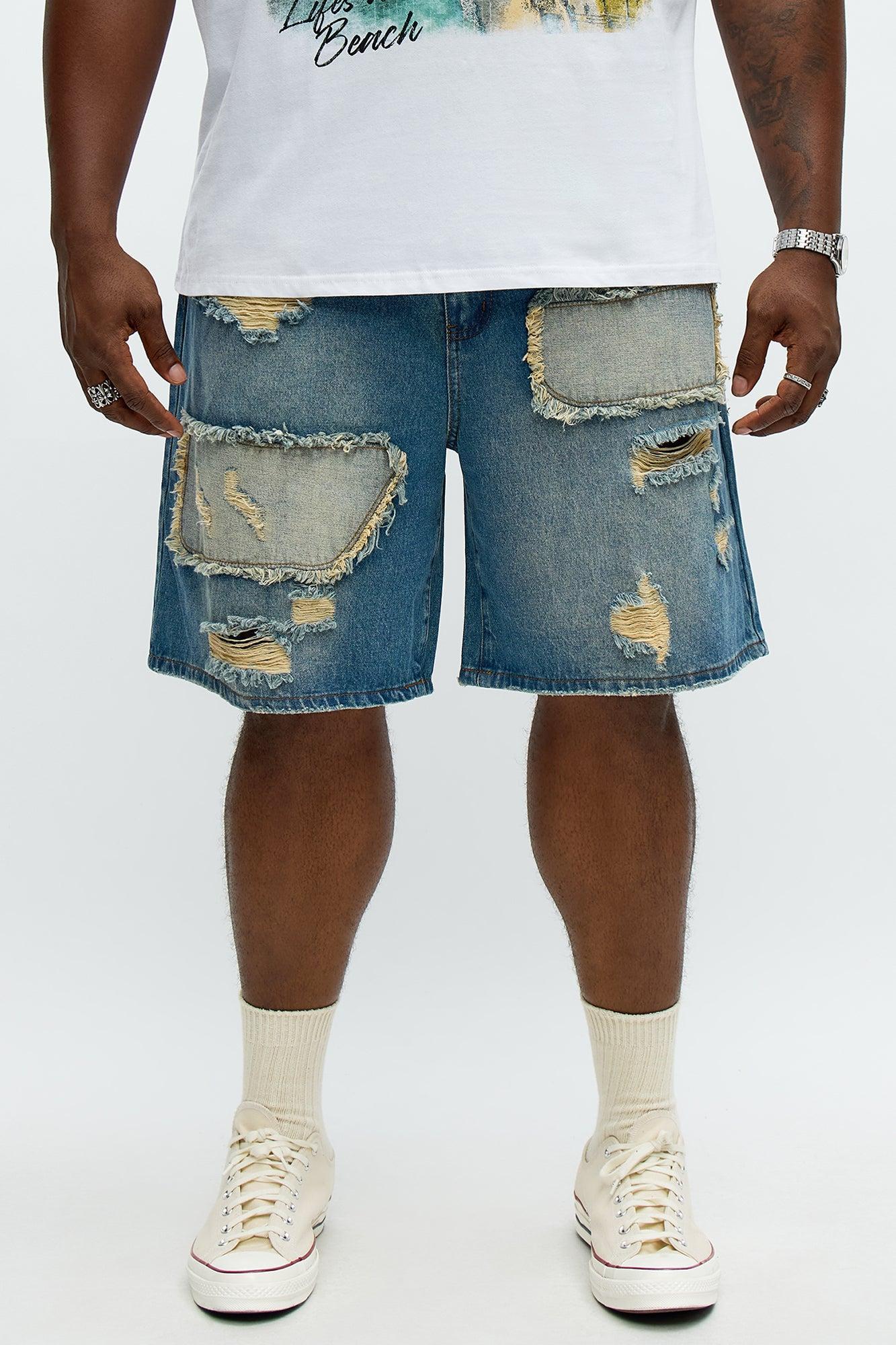 Relaxed Patches With Fray Distressed Denim Shorts - Vintage Blue Wash Product Image