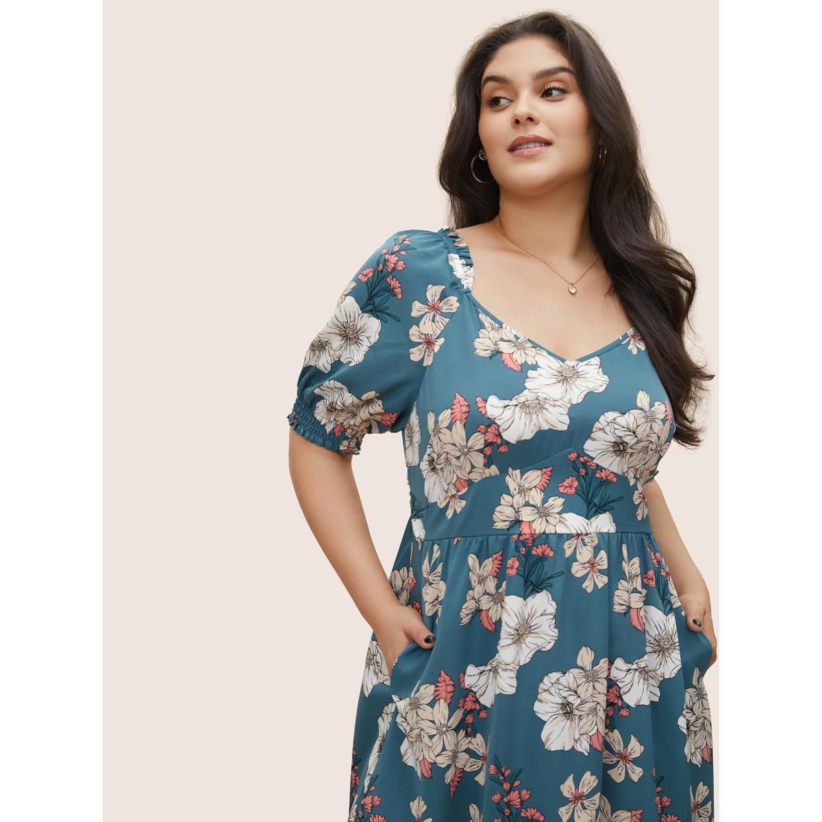 Plus Size Floral Frill Trim Shirred Pocket Square Neck Dress Stone Women Elegant Non Square Neck Short sleeve Curvy Midi Dress BloomChic 26/4X Product Image