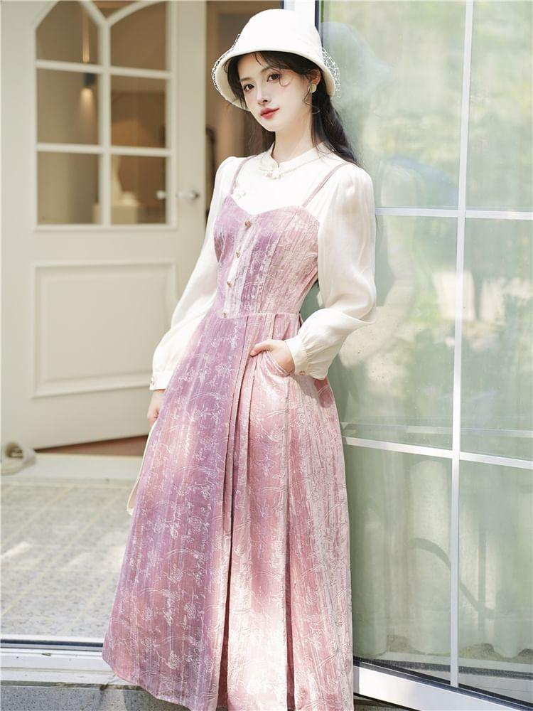 Mock Two-Piece Long-Sleeve Mandarin Collar Floral Velvet Midi A-Line Dress Product Image